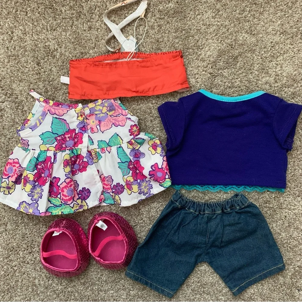 Lot Set Build A Bear Girls Clothes: Dress/Shoes/Moana Top/Cat Shirt/Jeans/Skirt
